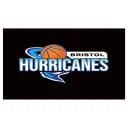 Bristol Hurricanes Basketball Club logo featuring a basketball inside a blue hurricane swirl with bold white and blue text on a black background.