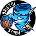 Bristol Storm Basketball Club logo featuring a blue tornado character holding a basketball with lightning bolts and bold black and white text.