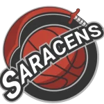 Cornwall Saracens Basketball Club logo featuring a red basketball with a curved sword and bold white Saracens text across the centre.