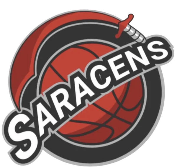Cornwall Saracens Basketball Club logo featuring a red basketball with a curved sword and bold white Saracens text across the centre.